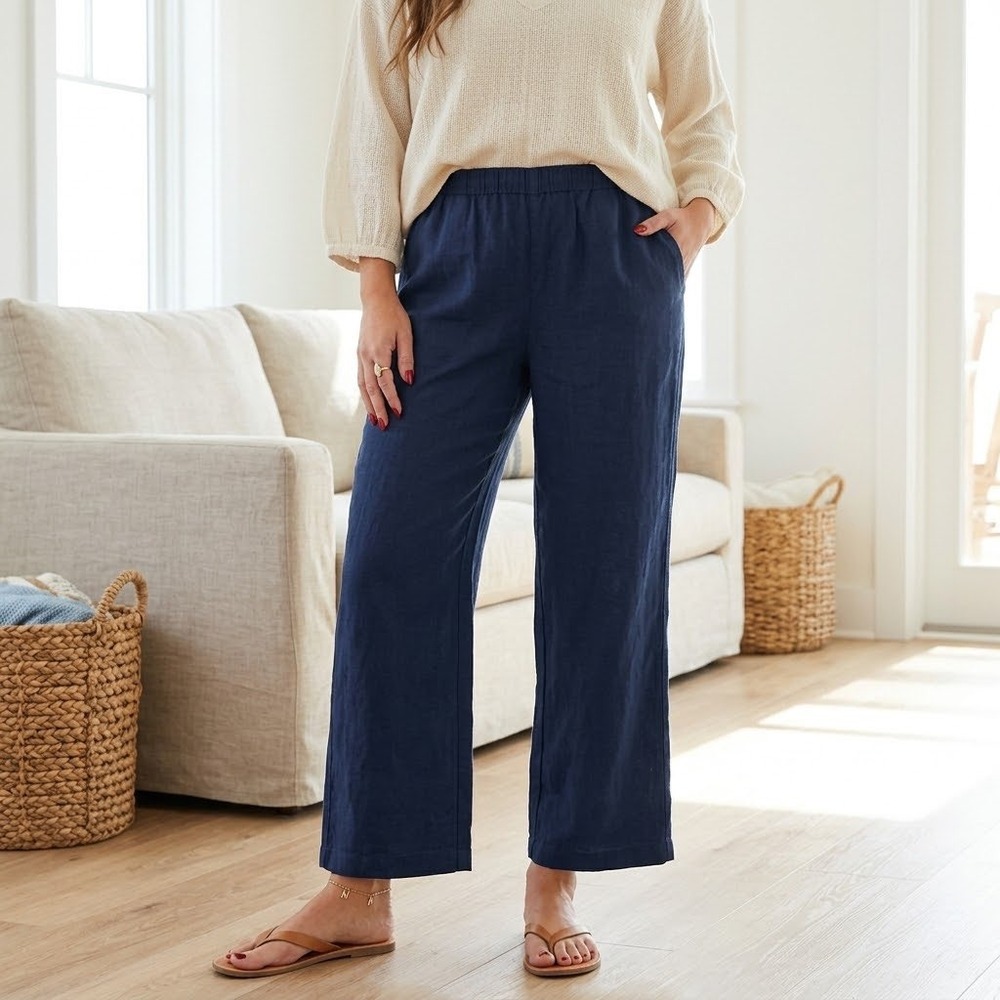 C&C California Linen Wide Leg Pants Navy Blue Drawstring XL Women Coastal Boho